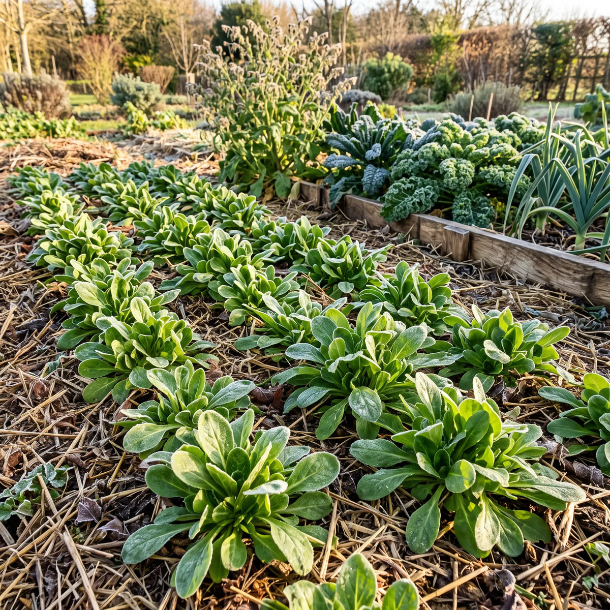 Planche de mâche verte de Cambrai au potager en hiver, sol paillé et givre matinal