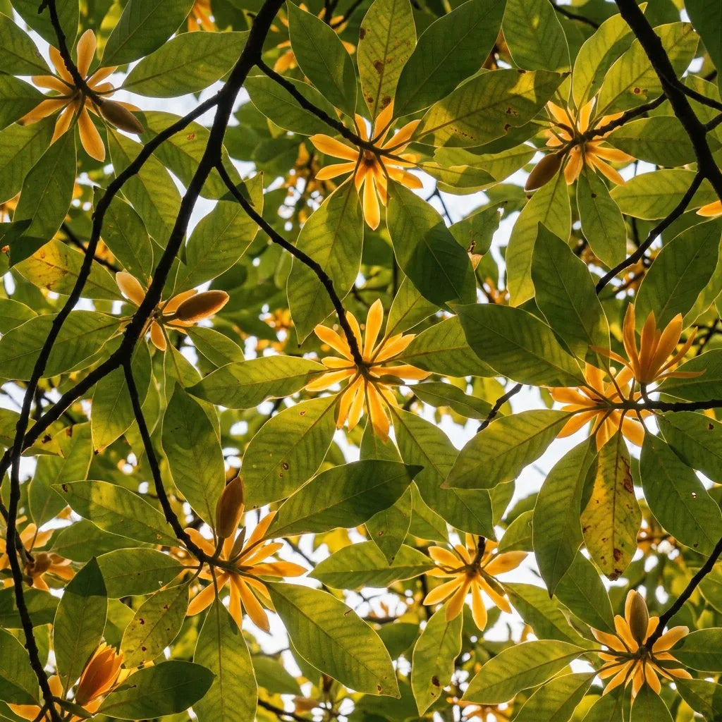 Fleurs dorées de Champaca à contre-jour dans le houppier — SemiSauvage