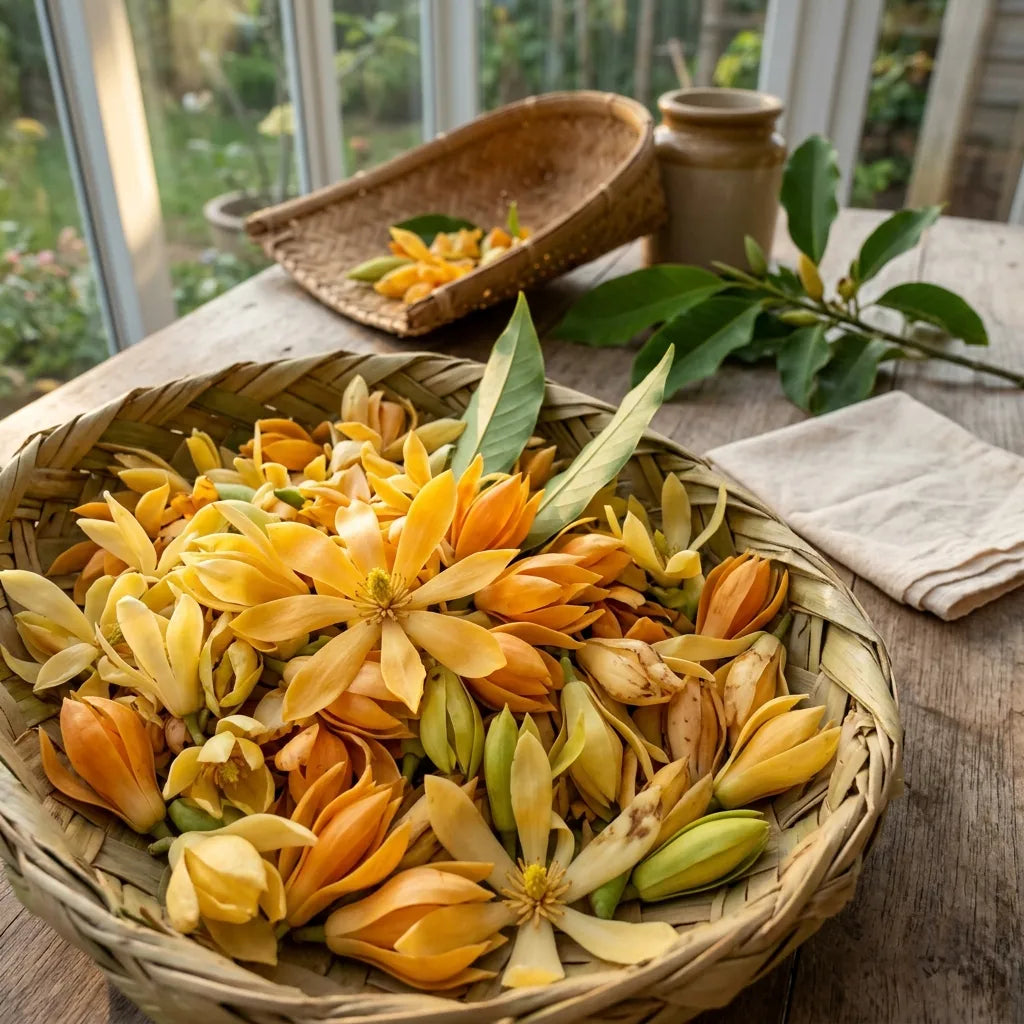 Fleurs de Champaca fraîchement cueillies dans une corbeille tressée — SemiSauvage