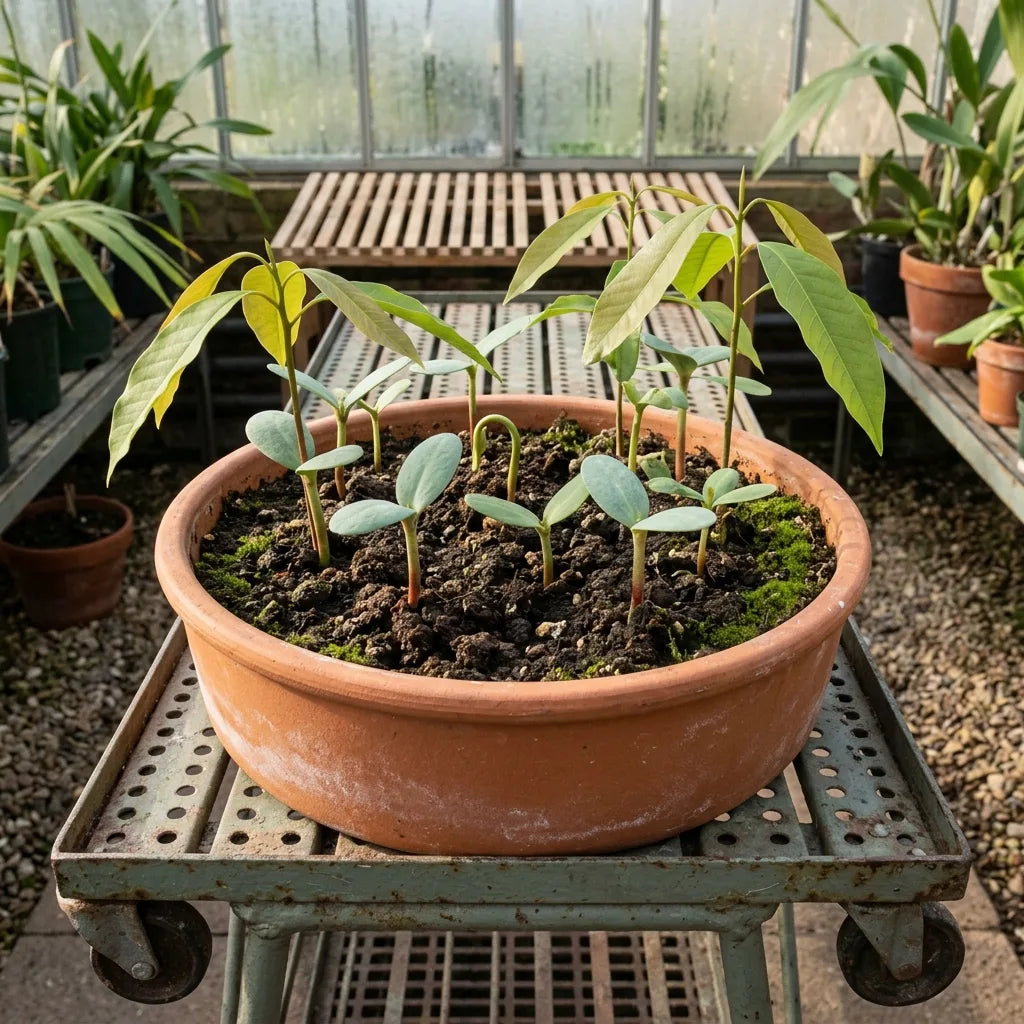 Jeunes plantules de magnolia Champaca en terrine dans une serre — SemiSauvage