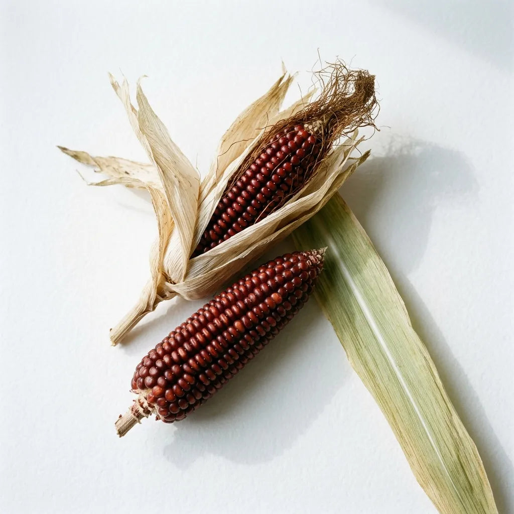 Épis de maïs fraise acajou (Zea mays var. everta), grains rouge acajou et spathes sèches, sur fond blanc — SemiSauvage