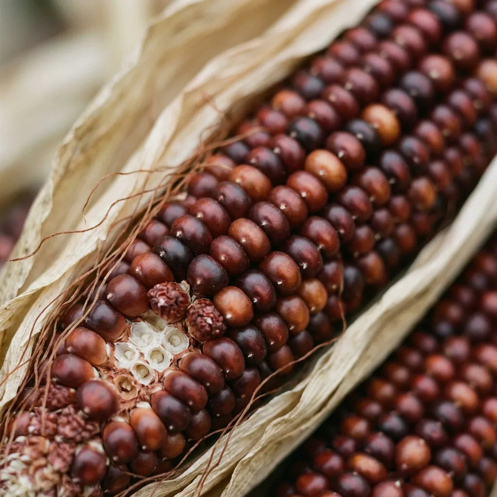 Macro des grains rouge acajou serrés sur l'épi de maïs fraise, détail botanique — SemiSauvage