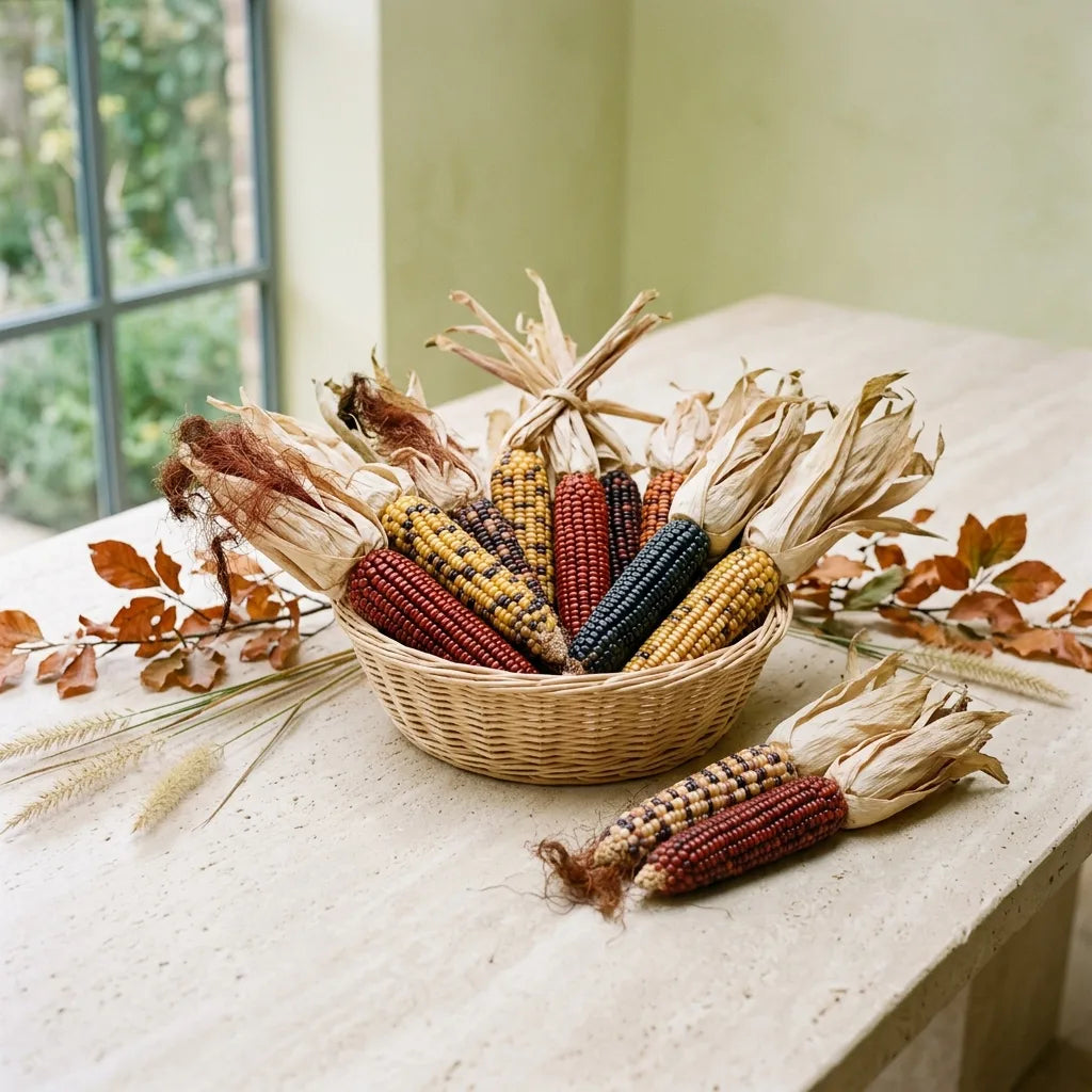 Corbeille d'épis de maïs ornemental sur une table d'automne — SemiSauvage