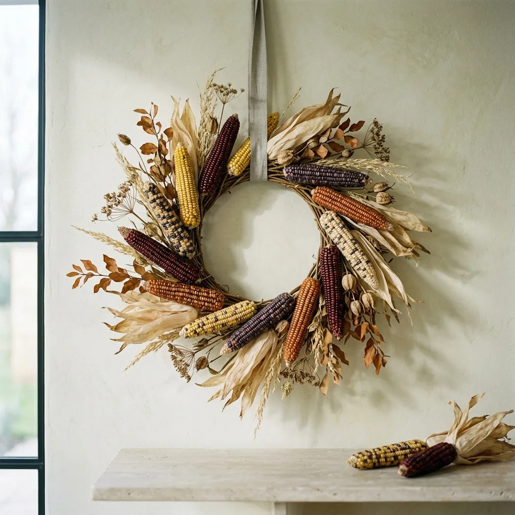 Couronne d'automne composée d'épis de maïs ornemental multicolore — SemiSauvage