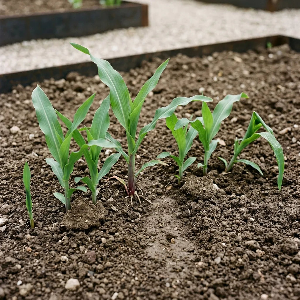 Jeunes plants de maïs ornemental levés en poquets au potager — SemiSauvage