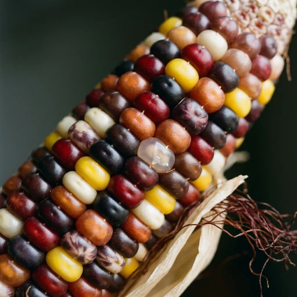 Macro des grains multicolores d'un épi de maïs ornemental, détail botanique — SemiSauvage
