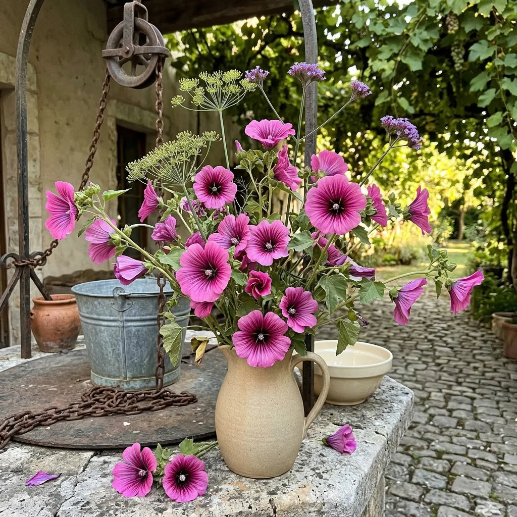 Grand bouquet de malopes sur la margelle d'un puits — SemiSauvage