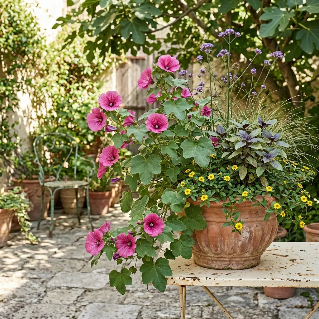 Malope en corbeille de terre cuite sous un figuier — SemiSauvage