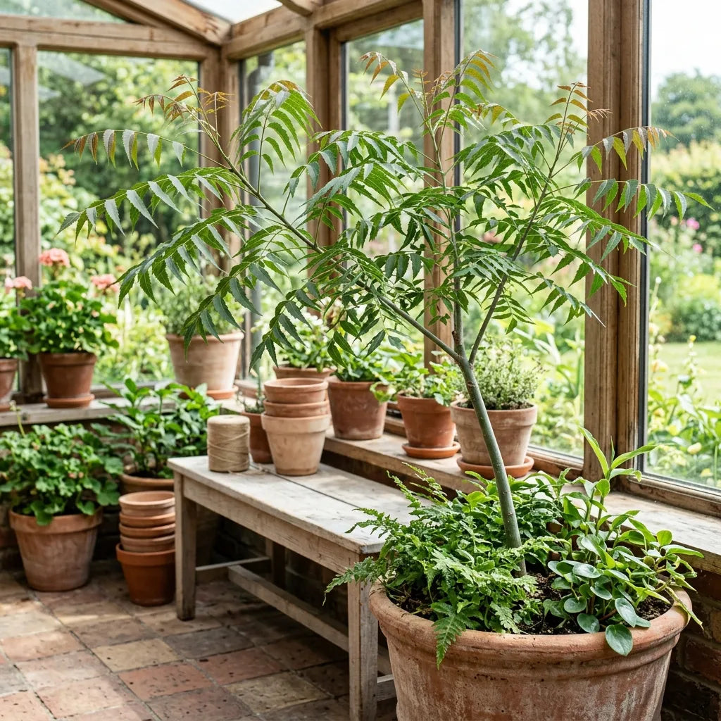 Jeune margousier cultivé en grand pot dans une véranda lumineuse — SemiSauvage