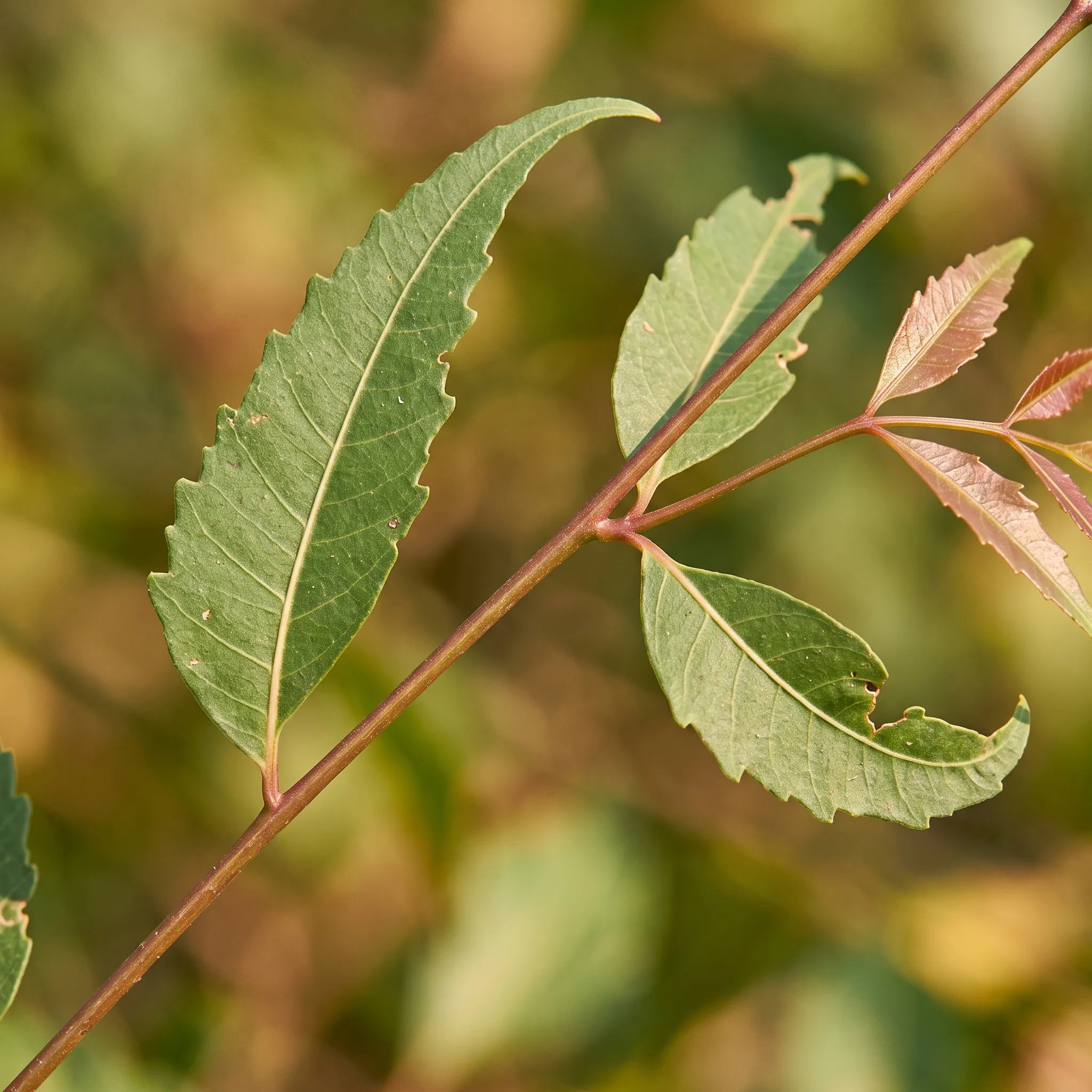 Macro d'une foliole falciforme de neem à marge dentée — SemiSauvage