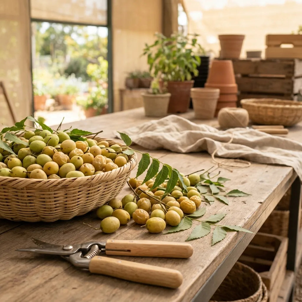 Drupes jaunes de neem récoltées dans une corbeille d'osier — SemiSauvage