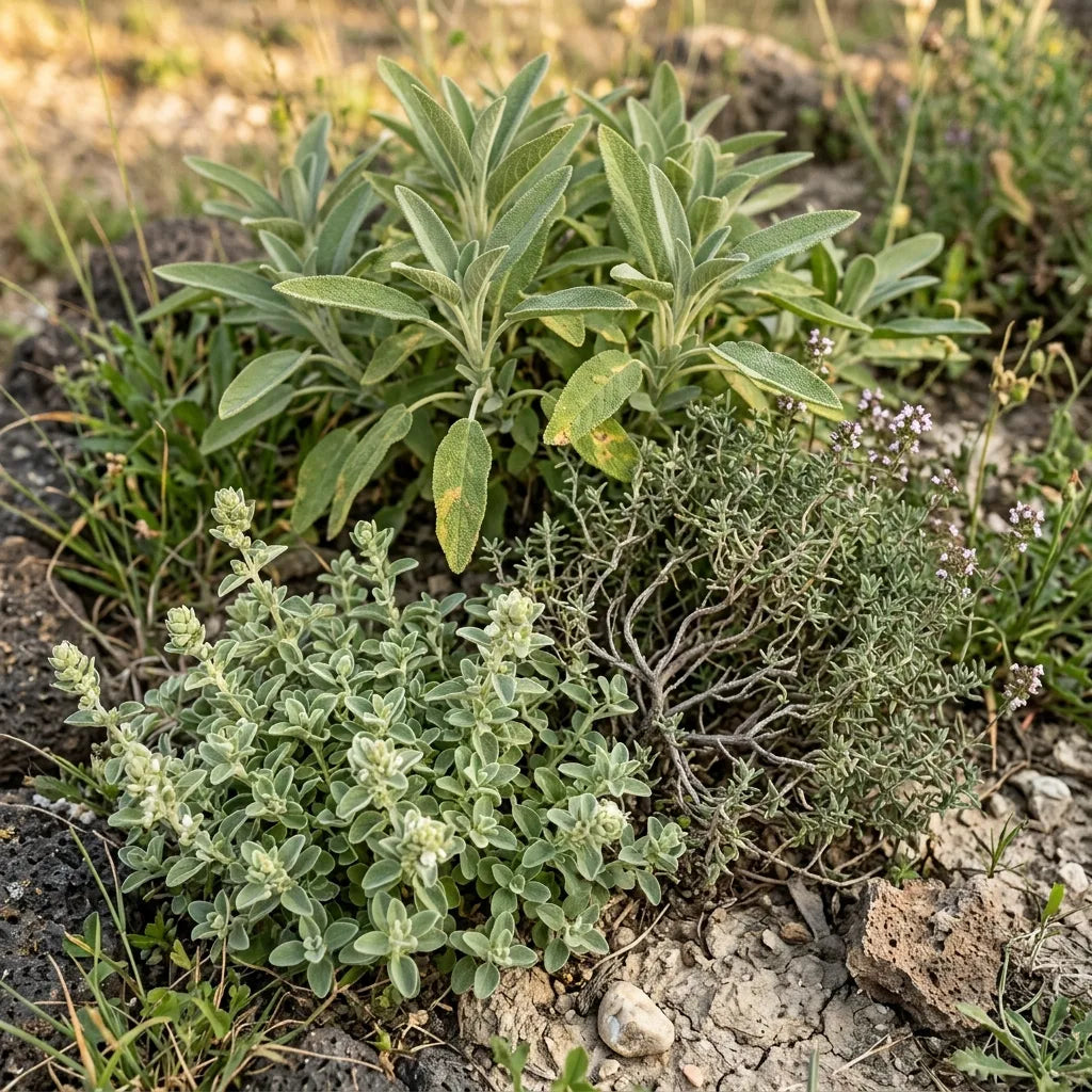 Marjolaine officinale dans un carré d'aromatiques méditerranéen avec thym et sauge — SemiSauvage