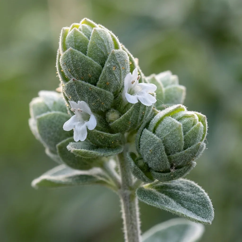 Macro des coquilles de marjolaine : bractées arrondies imbriquées et fleur blanche — SemiSauvage