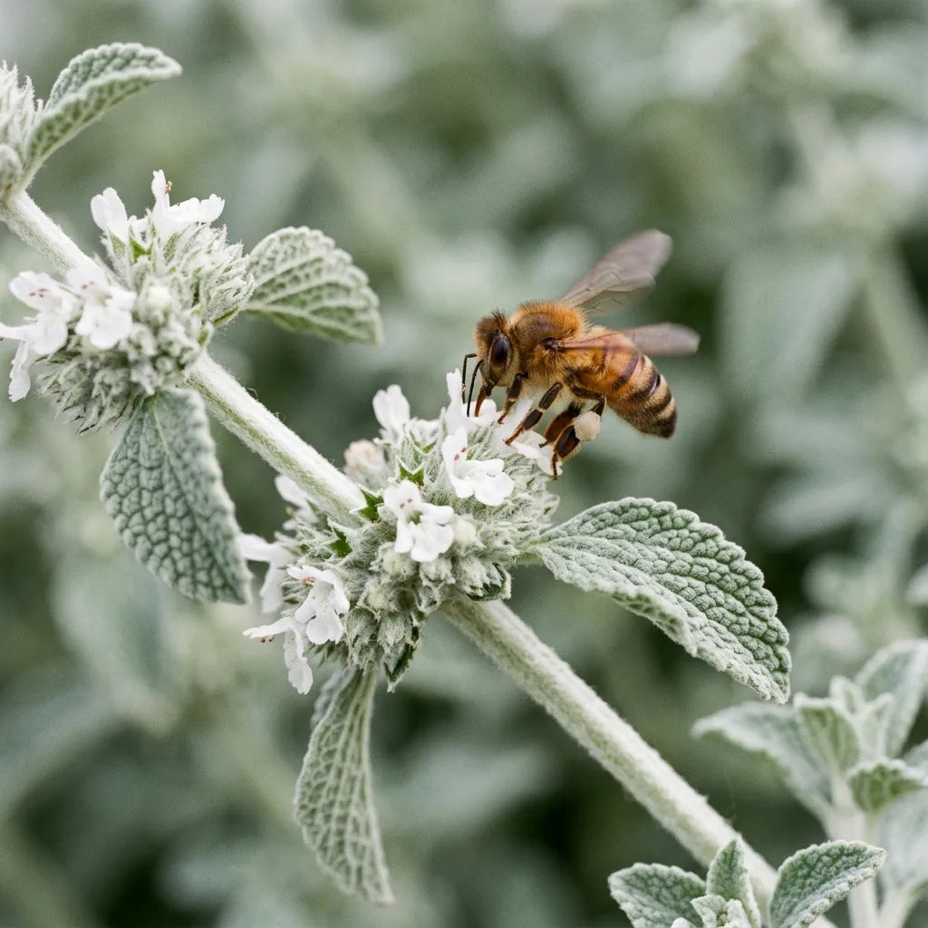 Abeille domestique se posant sur un verticille de marrube blanc, plante très mellifère — SemiSauvage