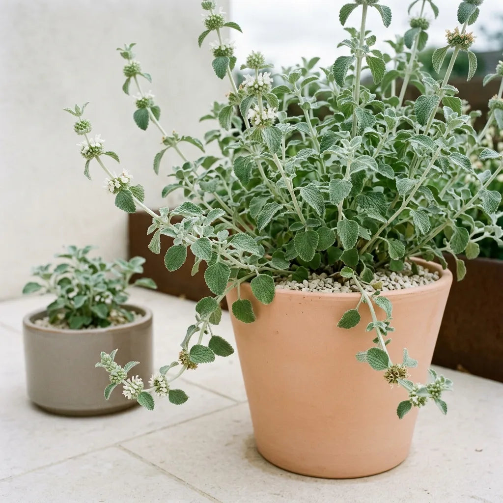 Culture du marrube blanc en pot de terre cuite sur une terrasse contemporaine — SemiSauvage