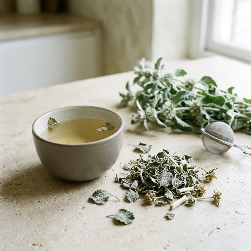 Infusion de marrube blanc et feuilles séchées, plante médicinale traditionnelle — SemiSauvage