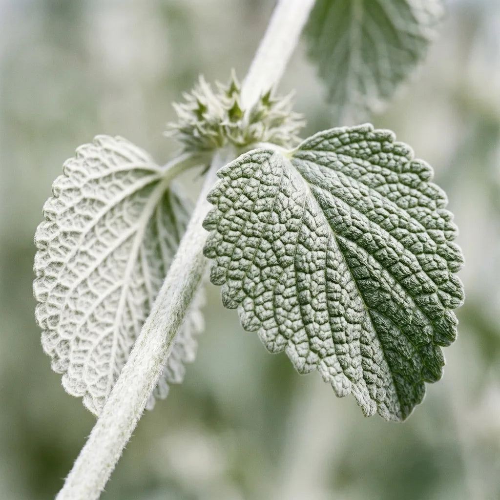 Feuilles de marrube blanc : limbe fortement gaufré-réticulé et revers blanc laineux — SemiSauvage