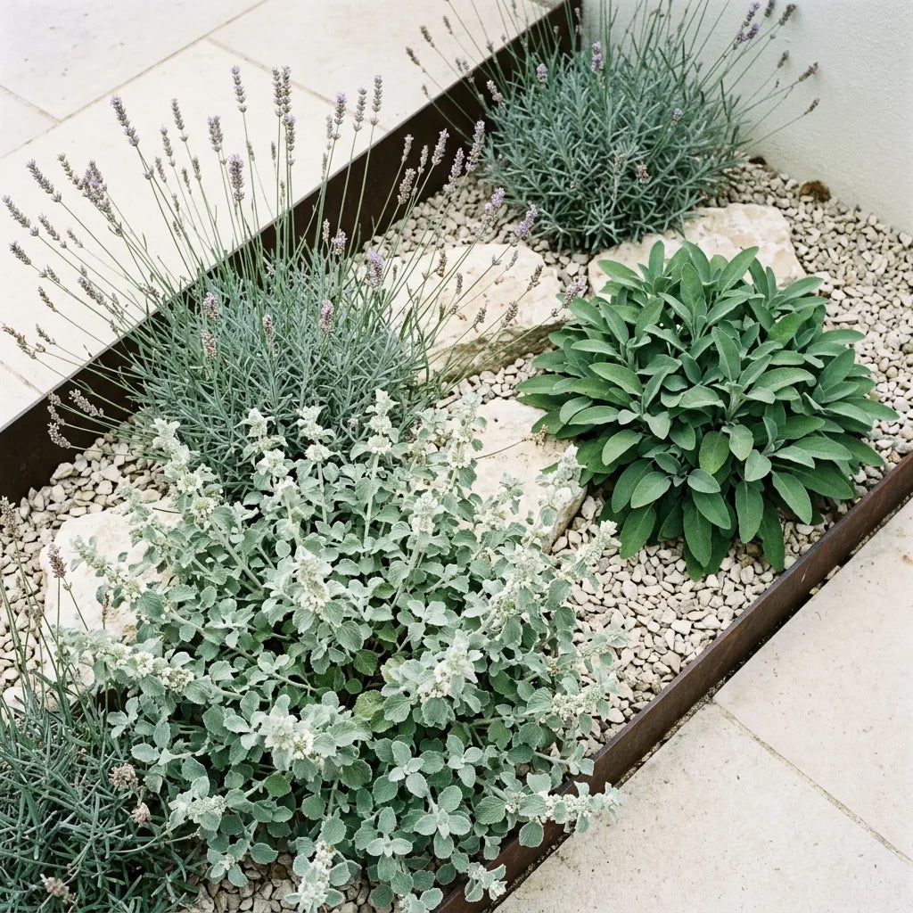Marrube blanc en rocaille avec lavande vraie et sauge officinale, plantes de sol pauvre et sec — SemiSauvage