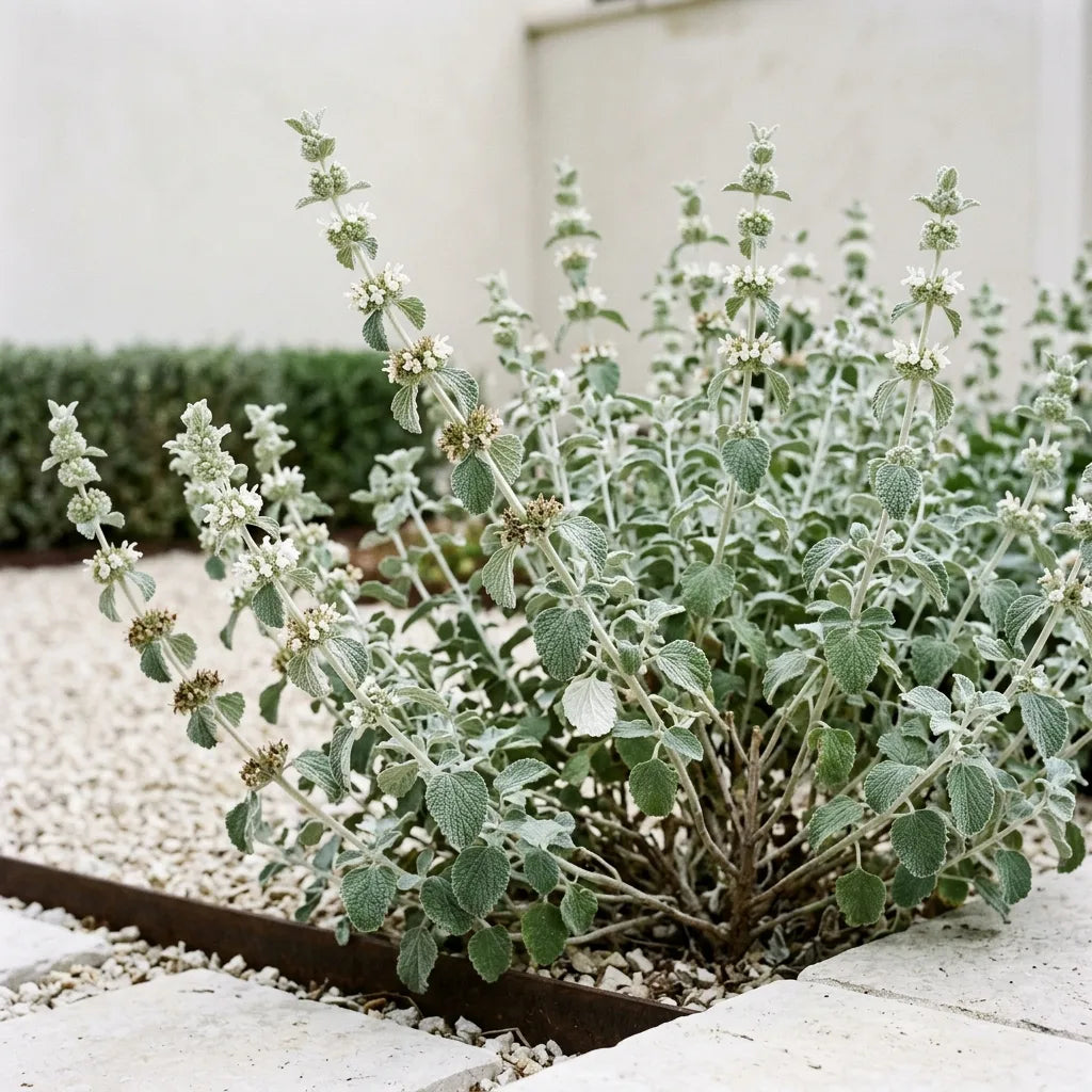 Touffe de marrube blanc en fleurs dans un massif de jardin sec paillé de gravier — SemiSauvage