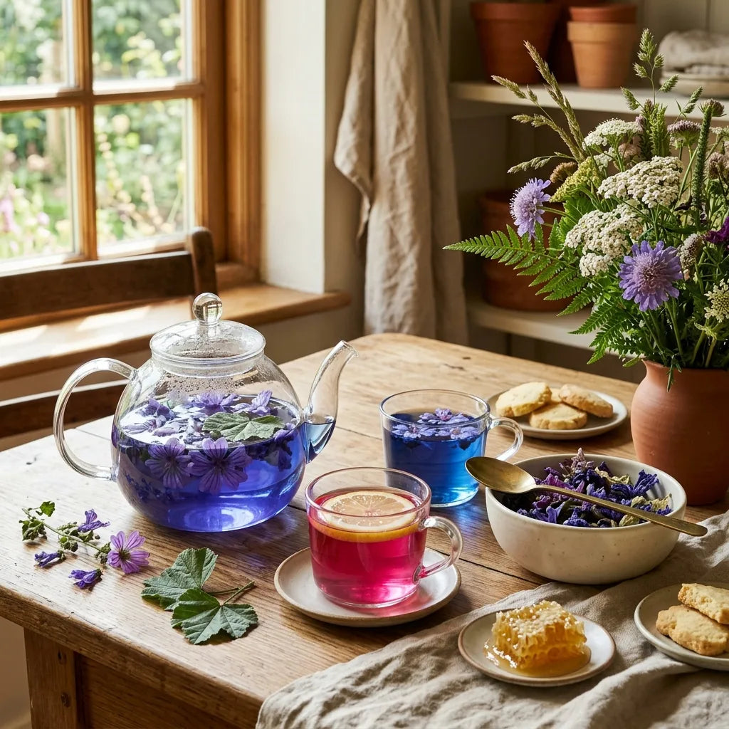 Infusion de fleurs de mauve royale bleu-violet dans une théière de verre, virant au rose au citron
