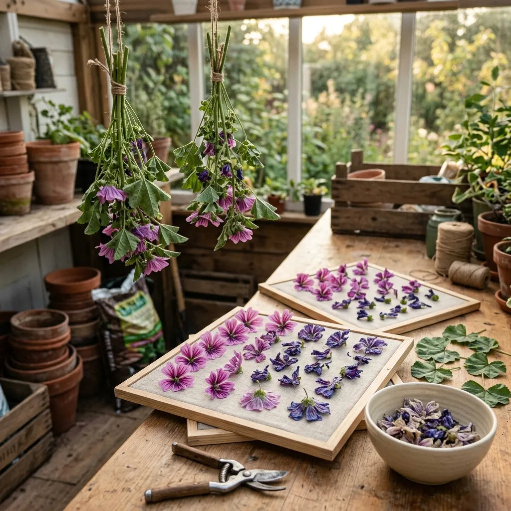 Fleurs de mauve royale séchant sur des claies de bois et de lin dans un atelier de jardin