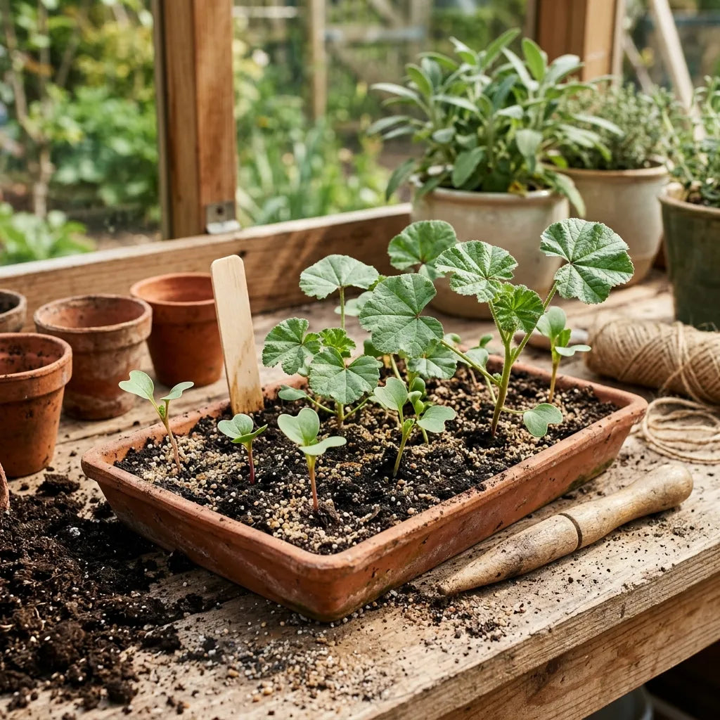 Semis de mauve royale en terrine de terre cuite, plantules à cotylédons en cœur et premières feuilles arrondies