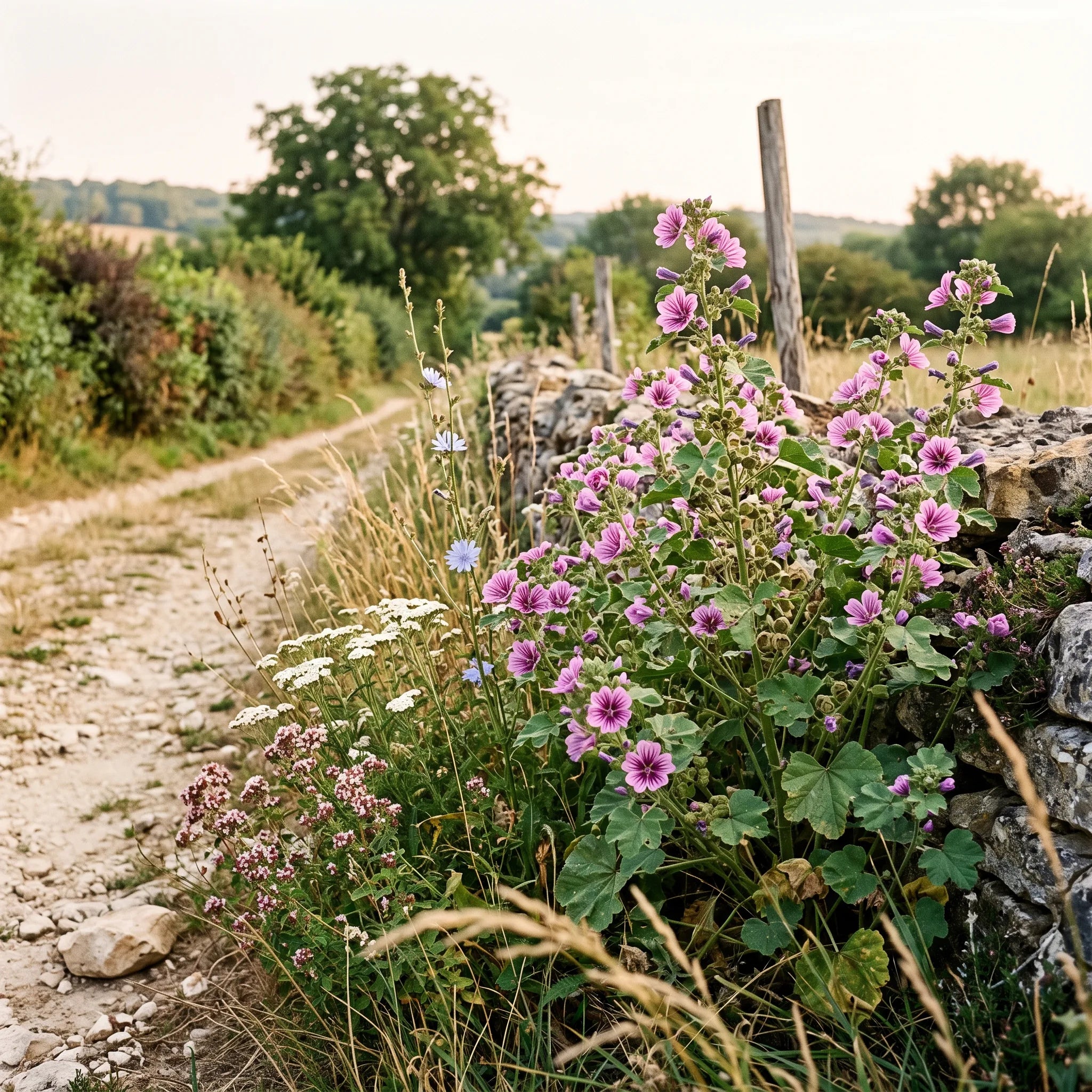 Touffe de mauve royale en fleur le long d'un mur de pierres sèches calcaires, en bordure d'un chemin de campagne