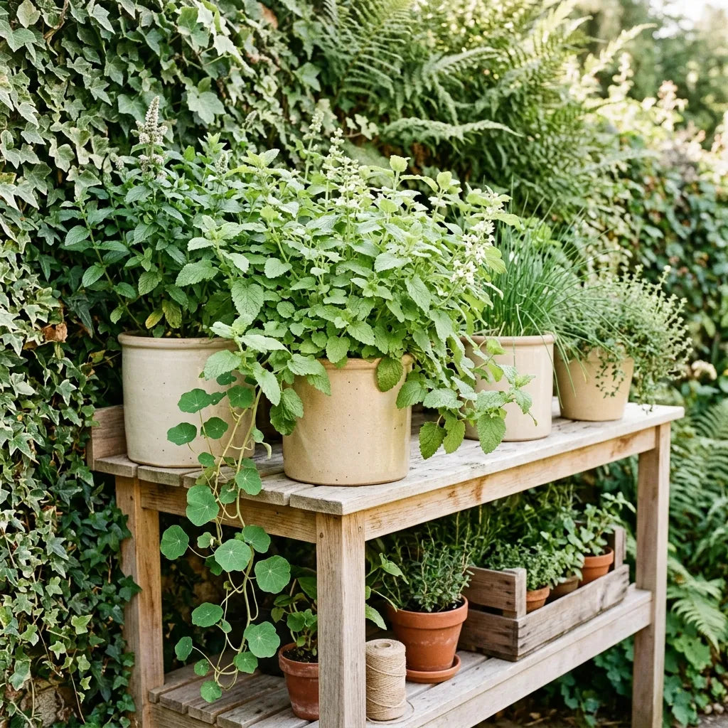 Mélisse officinale en pots de grès sur une desserte de jardin — SemiSauvage