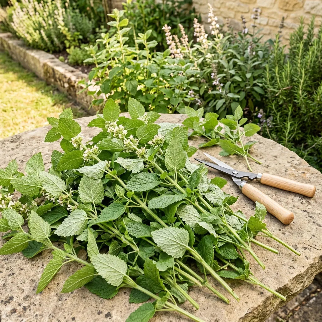 Rameaux de mélisse fraîchement coupés sur une table de jardin en pierre — SemiSauvage