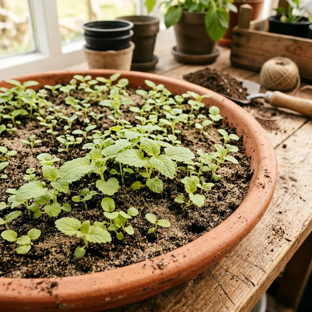 Semis de mélisse officinale en terrine de terre cuite dans un atelier de jardin — SemiSauvage