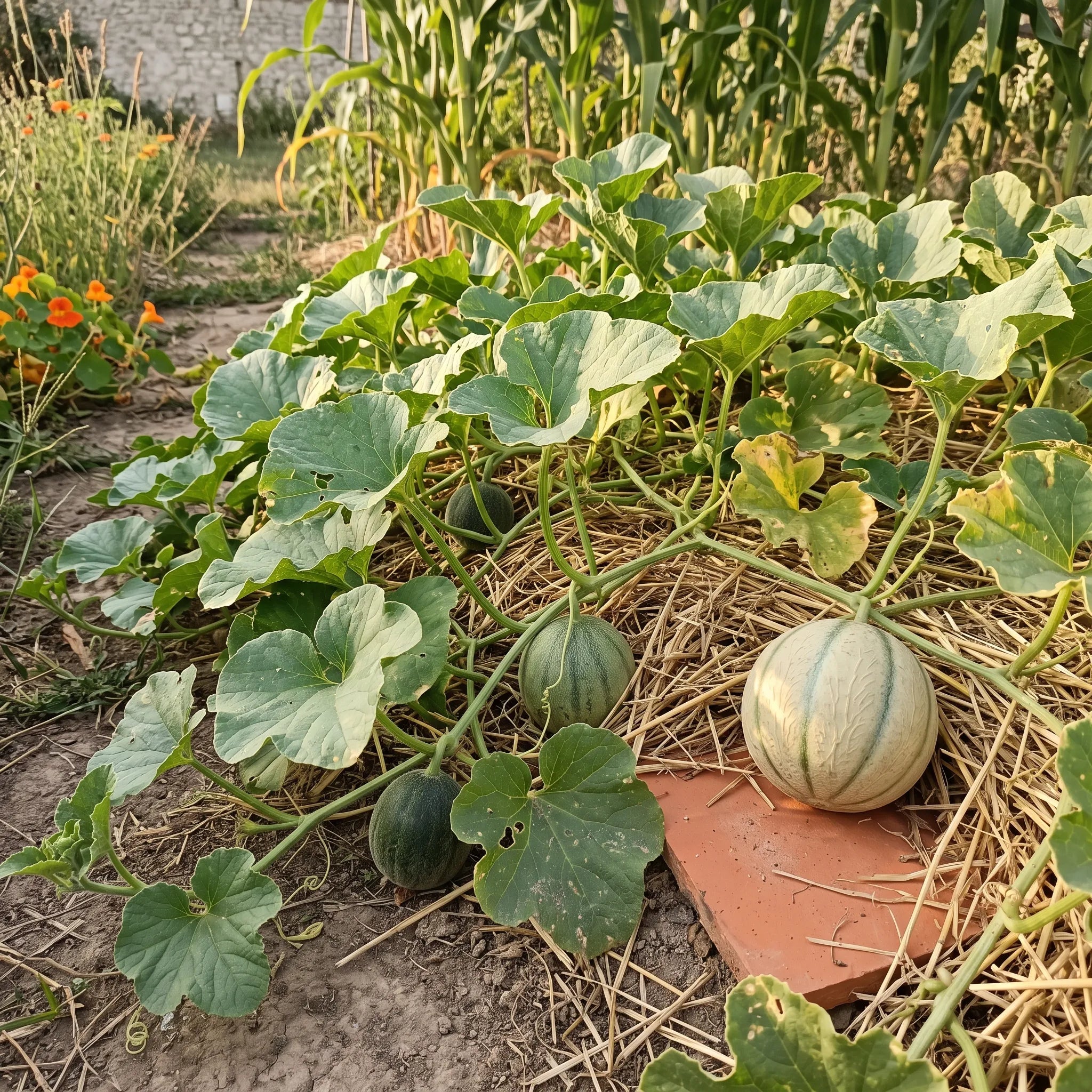 Pied de melon charentais en production sur une butte paillee, fruit mur pose sur une tuile