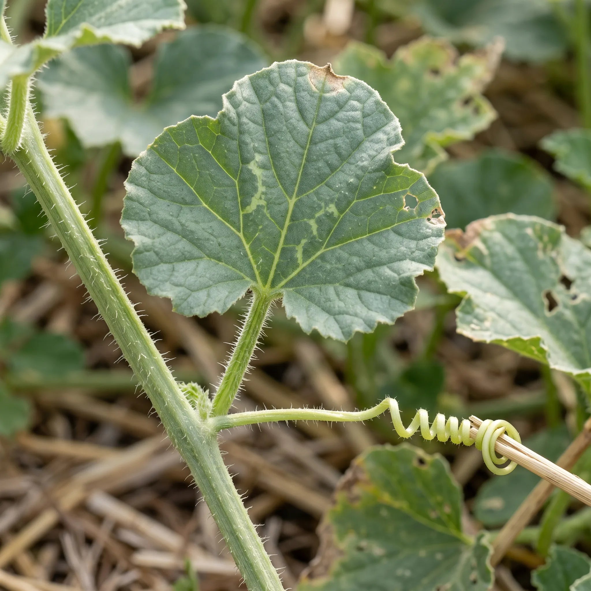 Feuille arrondie rugueuse et vrille simple non ramifiee du melon charentais