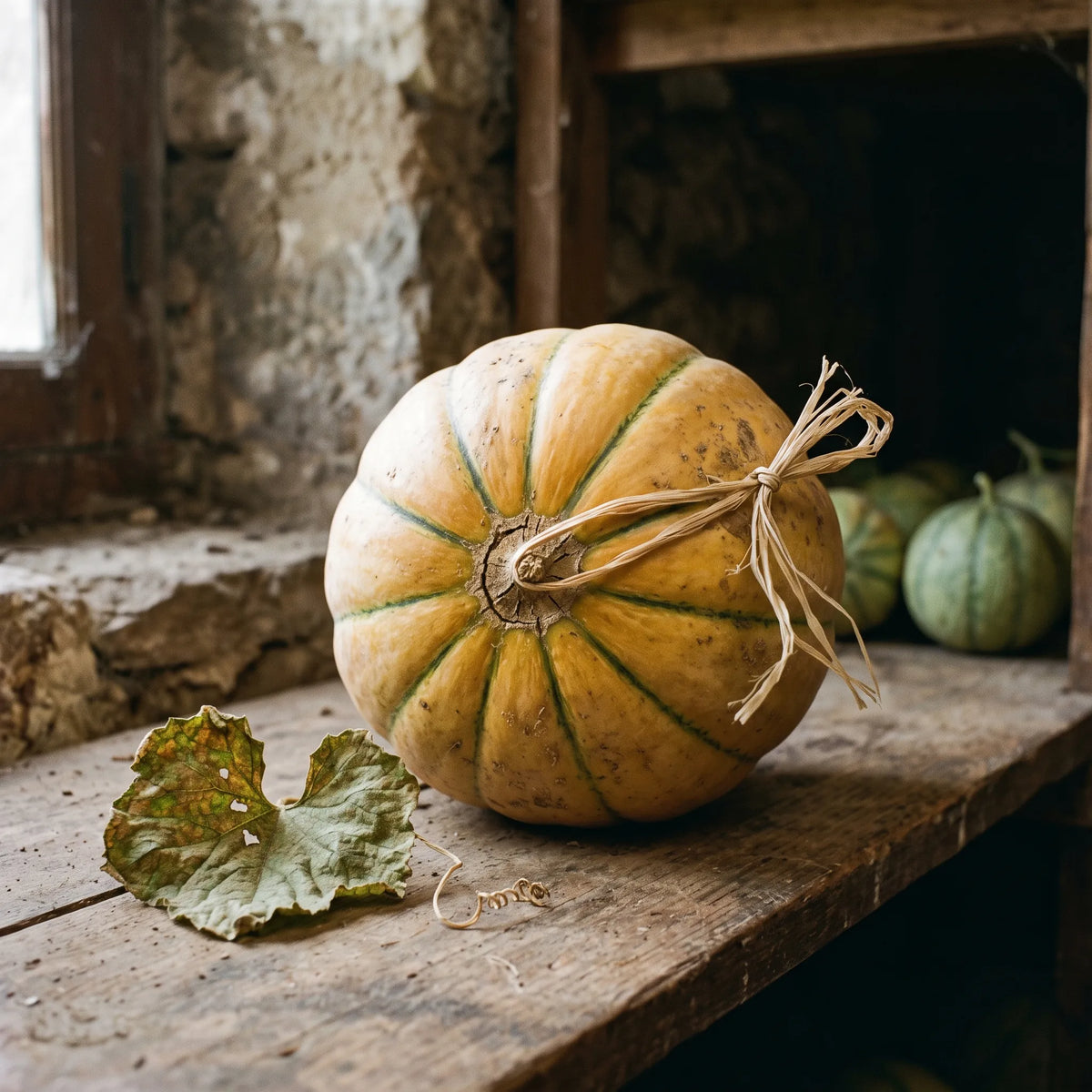Melon charentais porte-graines mis de cote au cellier, repere par un brin de raphia
