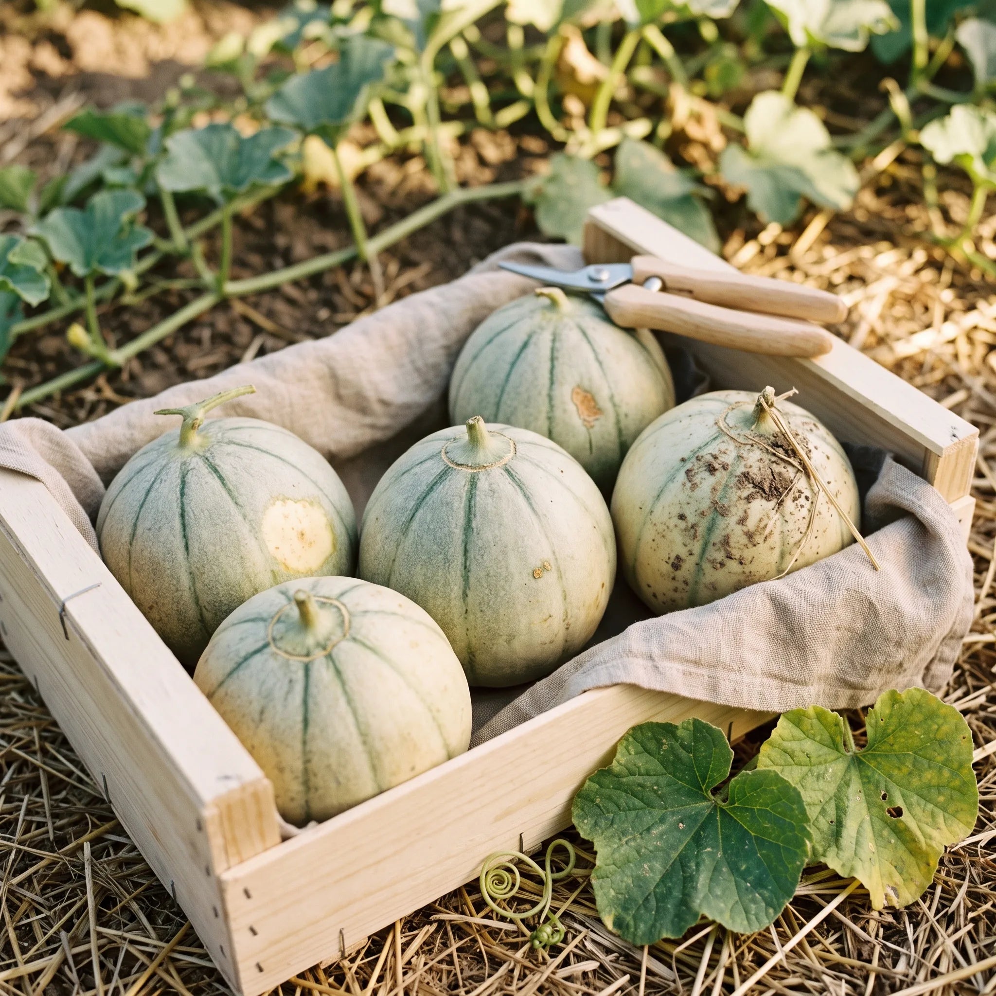 Recolte de melons charentais dans une cagette de bois clair au bord de la planche de culture