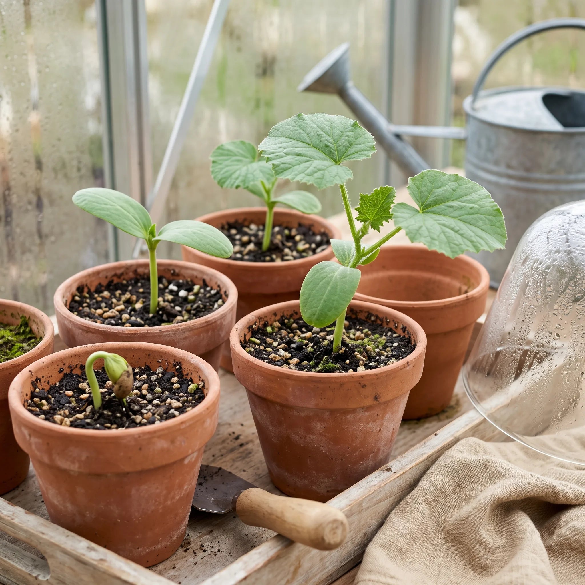 Semis de melon charentais en pots de terre cuite sous serre, cotyledons et premieres feuilles