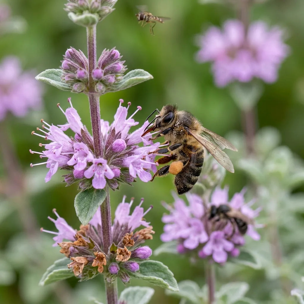 Abeille butinant les fleurs mellifères de la menthe pouliot — SemiSauvage