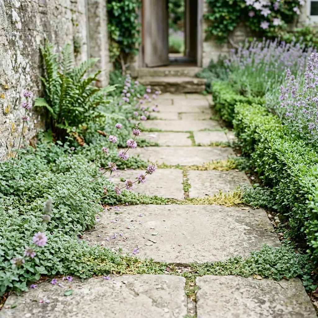 Menthe pouliot en couvre-sol parfumé entre les dalles d'une allée — SemiSauvage