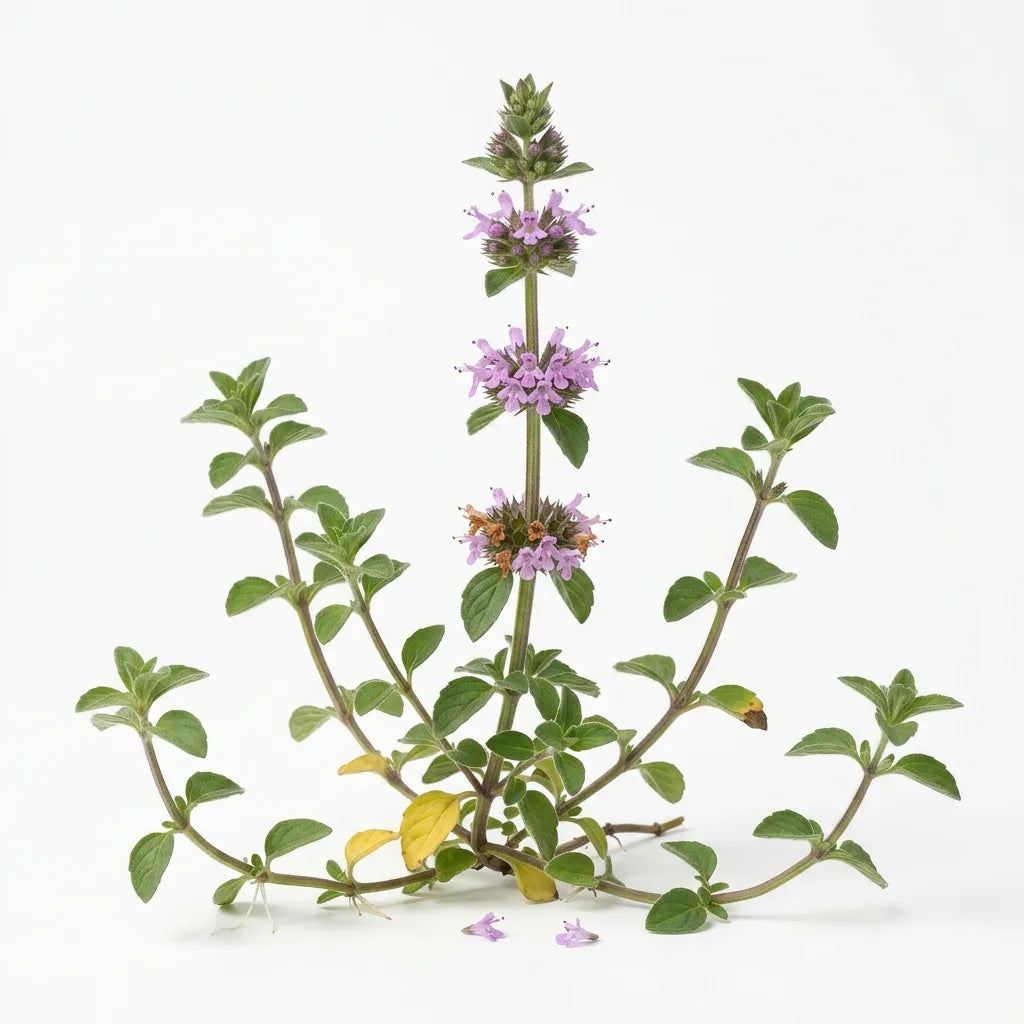 Plante entière de menthe pouliot (Mentha pulegium) à verticilles lilas sur fond blanc — SemiSauvage