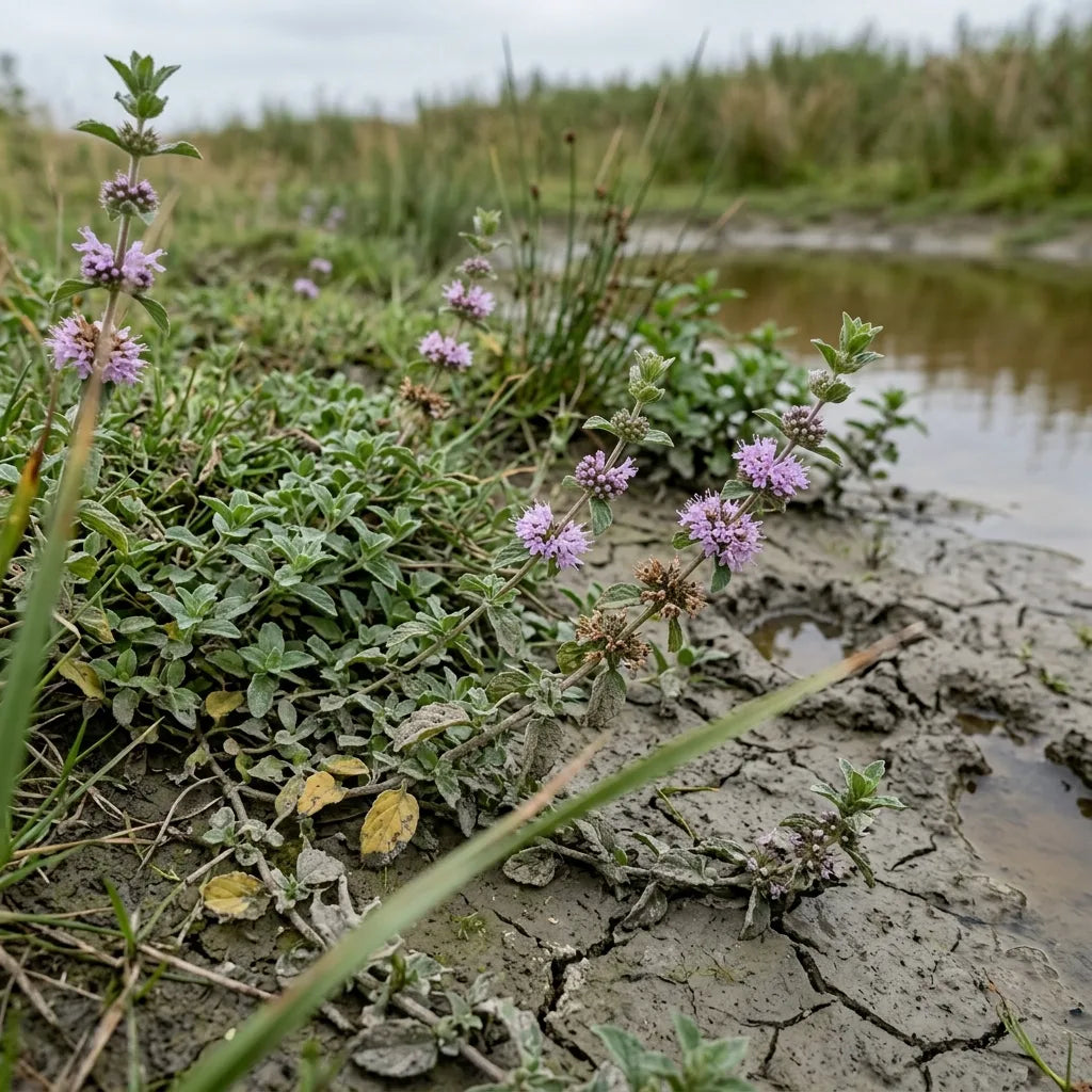 Menthe pouliot sauvage sur la berge humide d'une mare — SemiSauvage