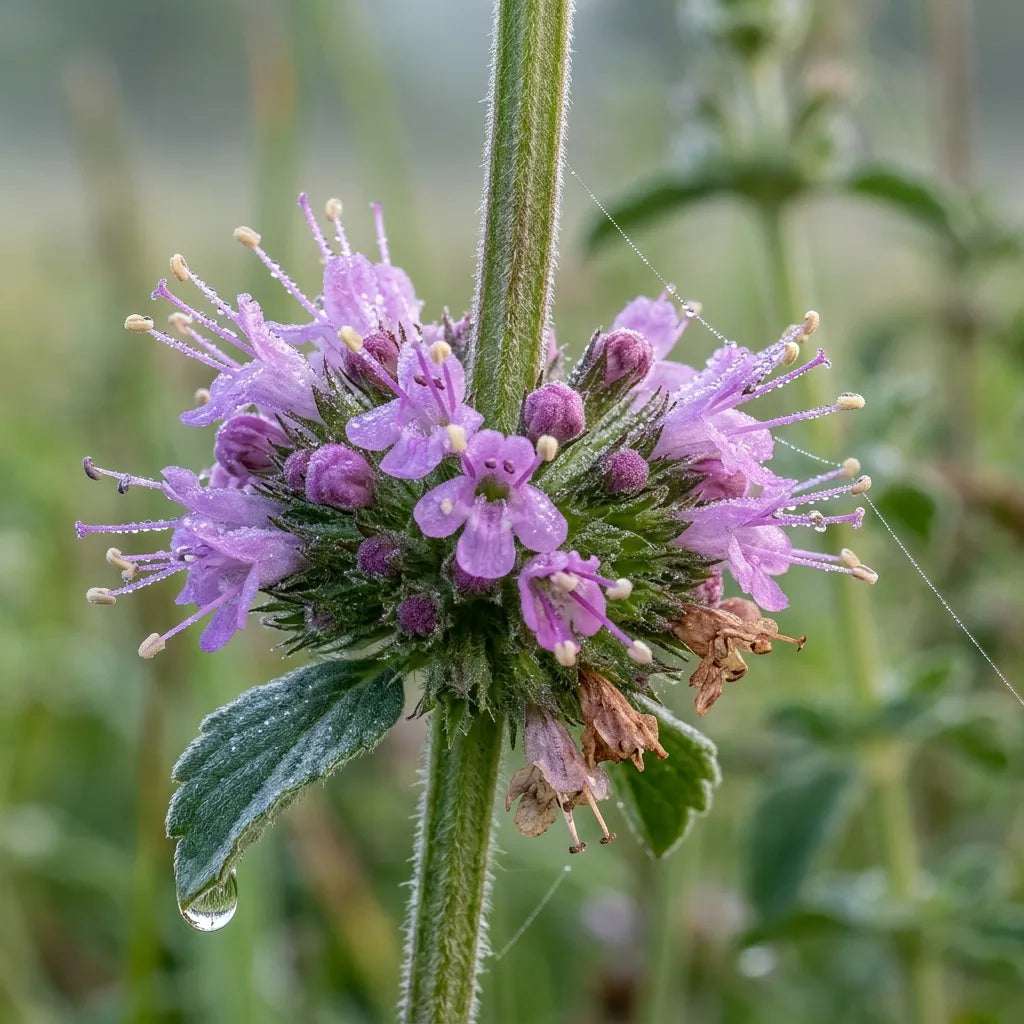 Macro d'un verticille de menthe pouliot couvert de rosée — SemiSauvage