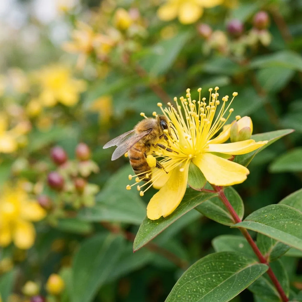 Abeille récoltant le pollen sur une fleur de millepertuis androsème — SemiSauvage