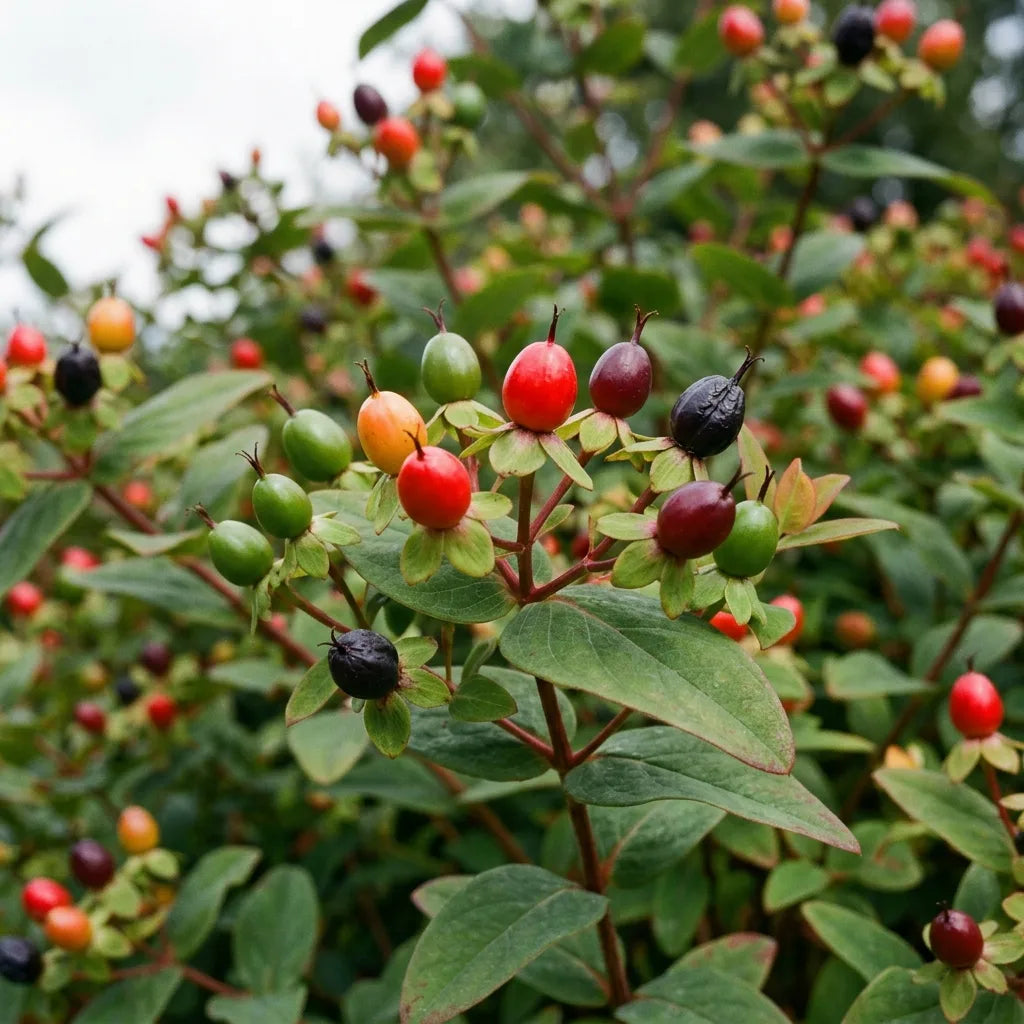 Baies de millepertuis androsème à tous les stades, du vert au rouge puis au noir — SemiSauvage