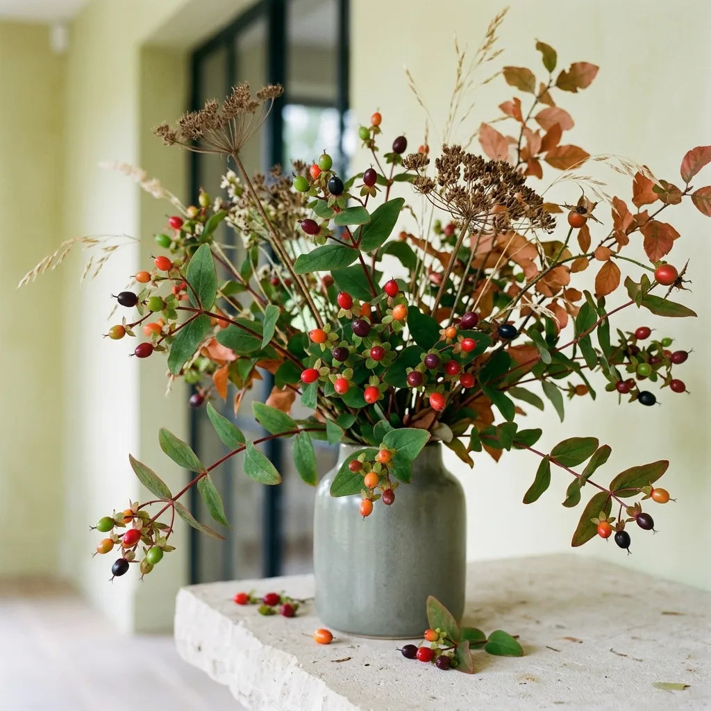 Bouquet d'automne composé avec les rameaux à baies du millepertuis androsème — SemiSauvage