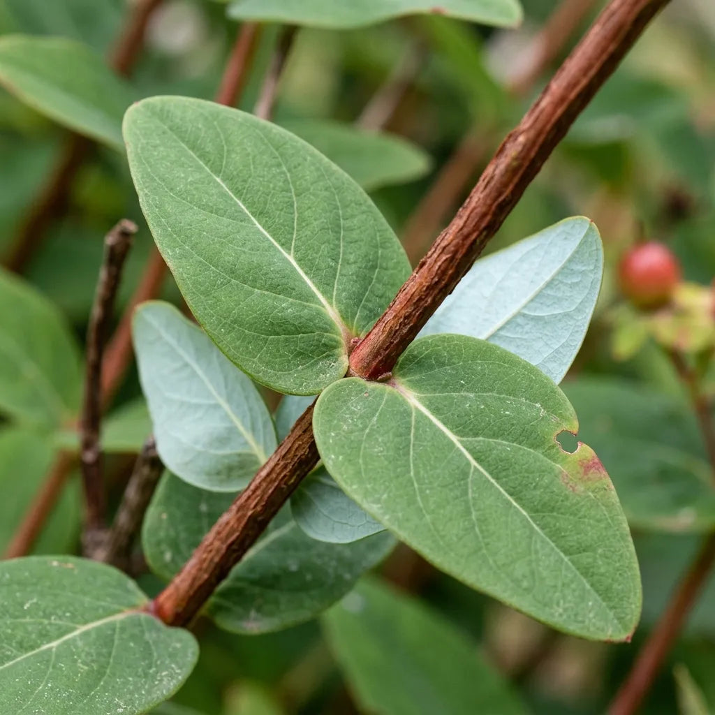 Feuilles opposées et sessiles du millepertuis androsème sur tige rougeâtre, détail botanique — SemiSauvage