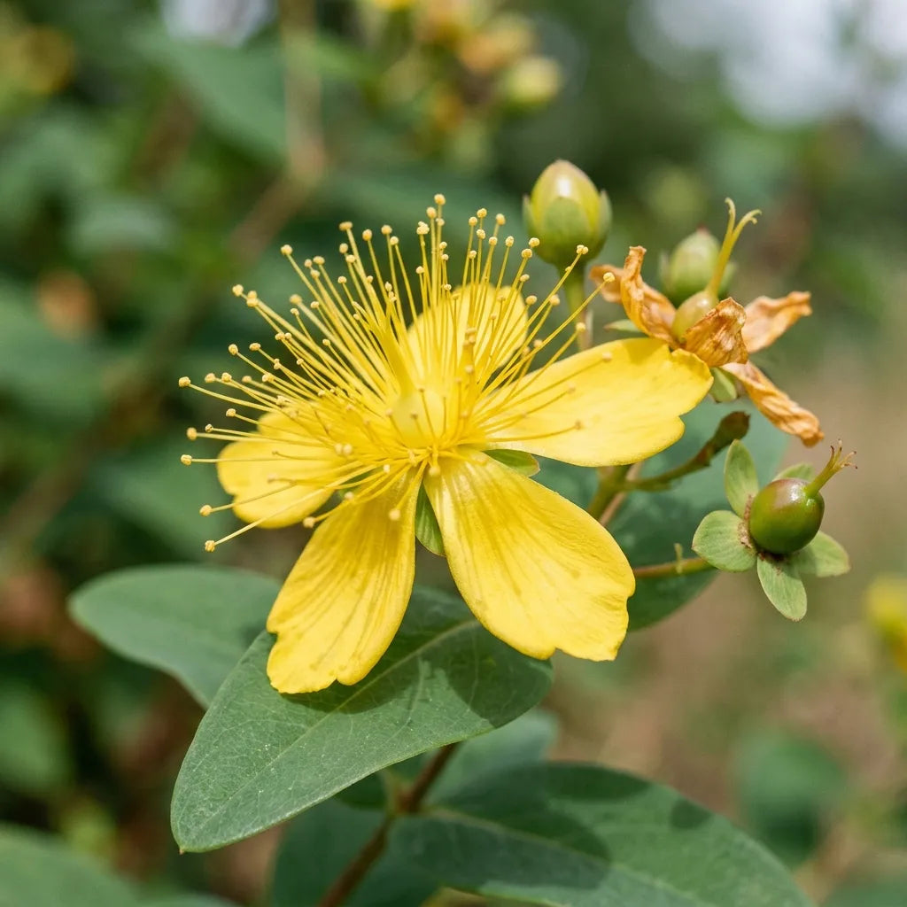 Macro d'une fleur de millepertuis androsème : pétales jaunes et houppe d'étamines saillantes — SemiSauvage