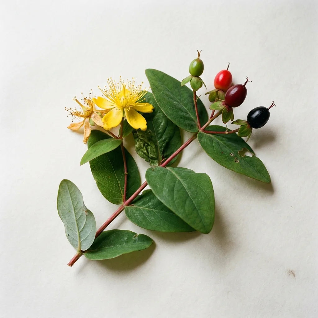 Rameau de millepertuis androsème (Hypericum androsaemum) portant fleurs jaunes et baies vertes, rouges et noires, sur fond blanc — SemiSauvage