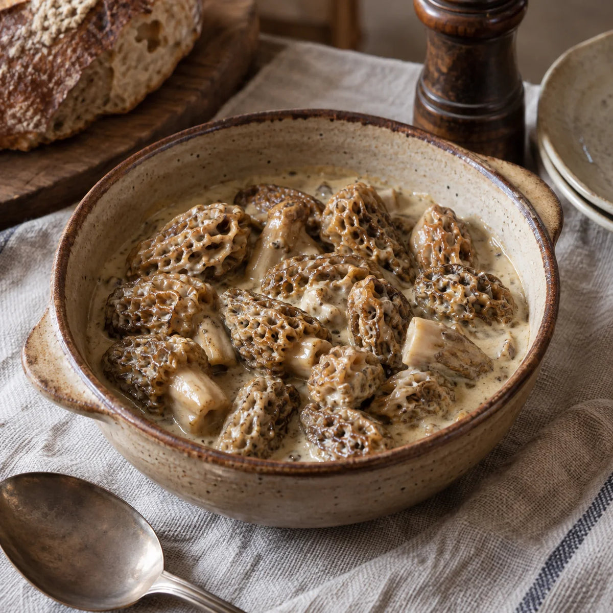 Morilles blondes cuisinées à la crème dans une petite cocotte.