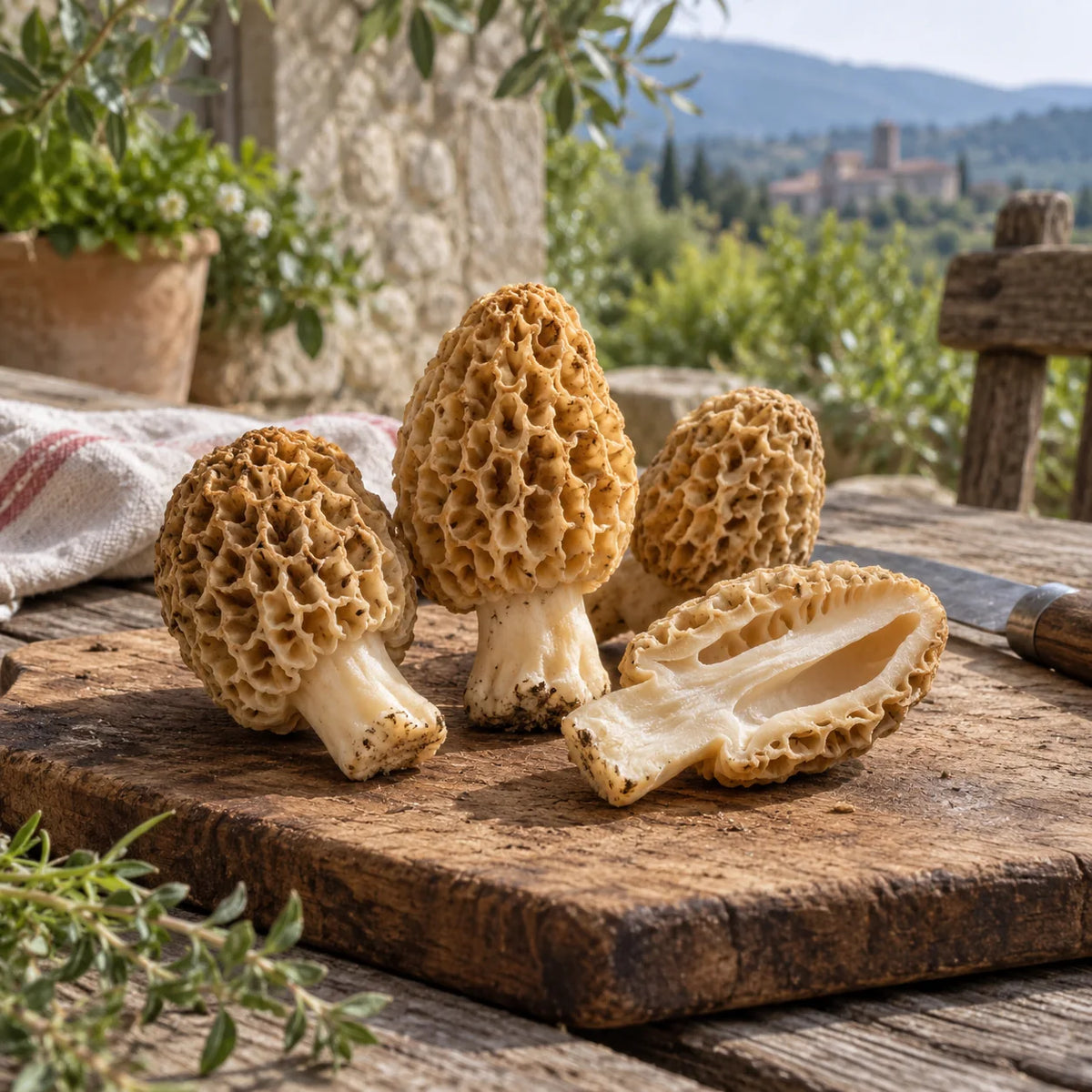 Morilles blondes fraîches, avec une coupe montrant leur intérieur creux.