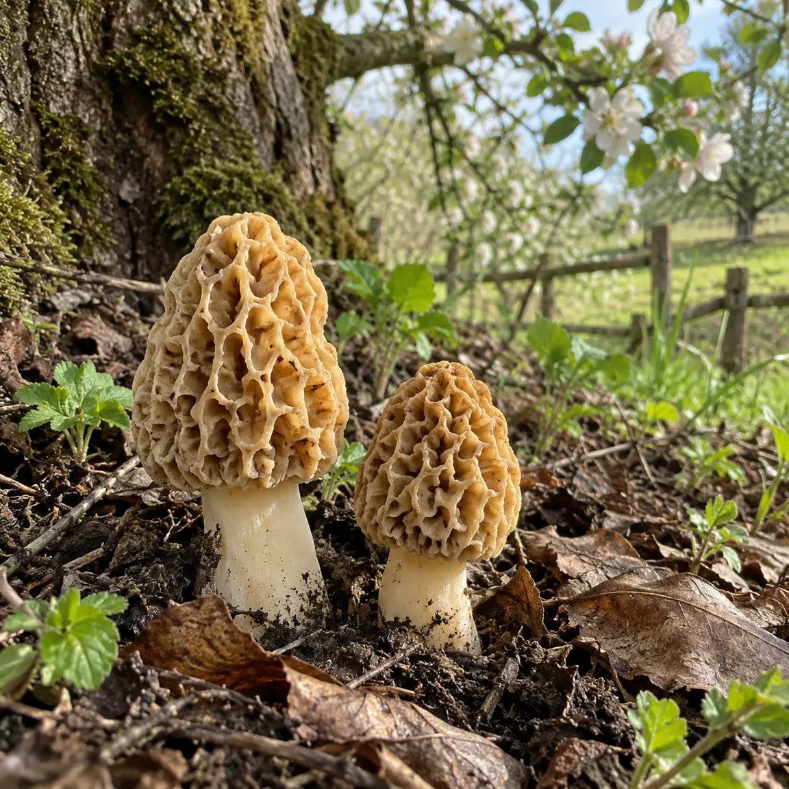 Morilles blondes dans l’humus d’un verger au printemps.