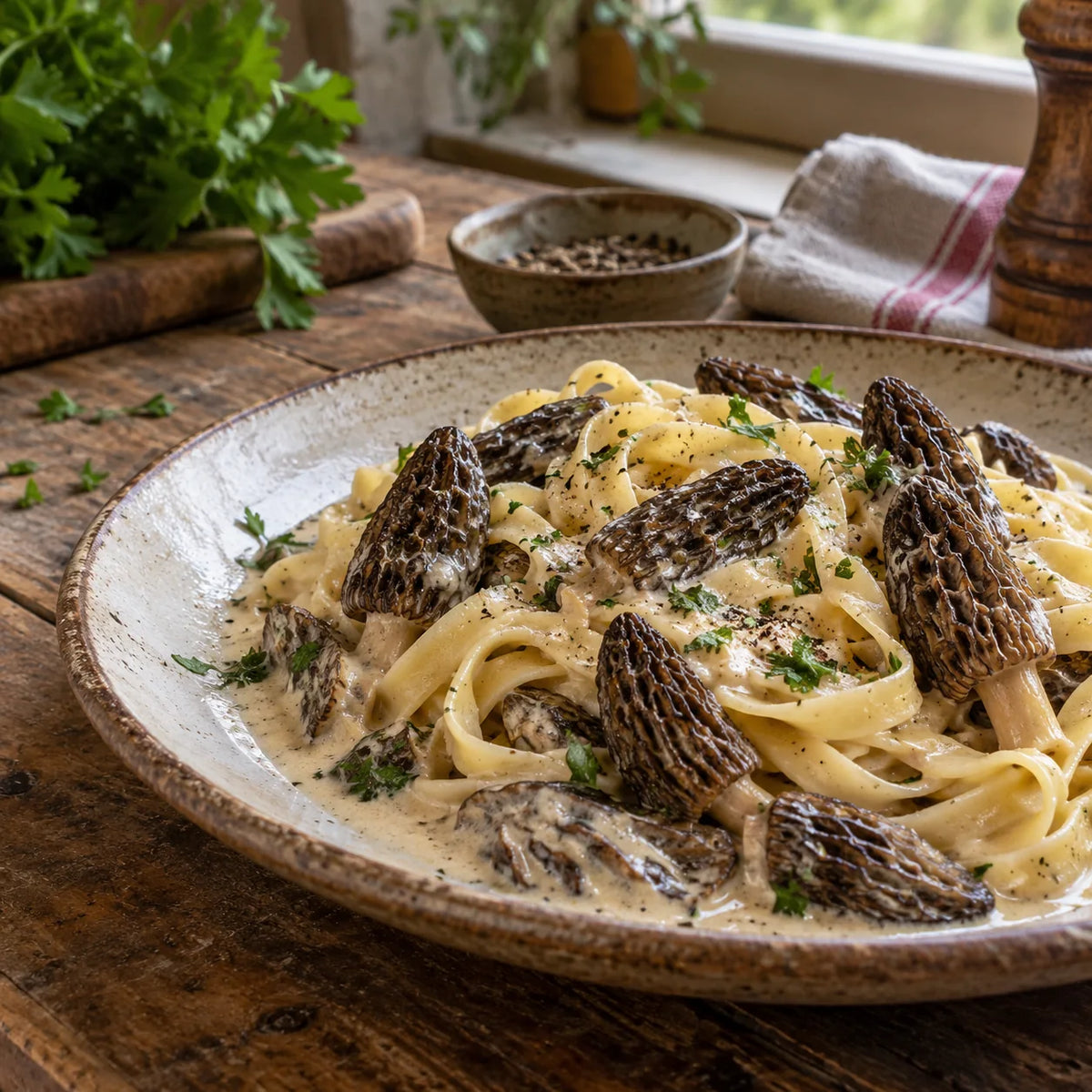 Tagliatelles aux morilles coniques cuisinées à la crème.